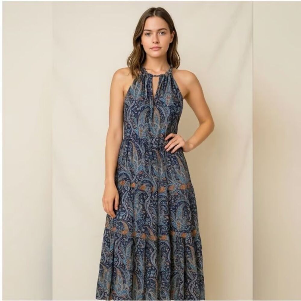 Caroline Constas womens Blue Paisley 100% Cotton Halter Long Maxi Dress size XS